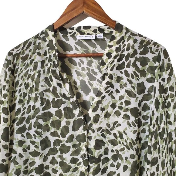 Susan Graver Flounce Bell Sleeve Top Blouse Size 1X Plus Green Printed Womens - Picture 2 of 7